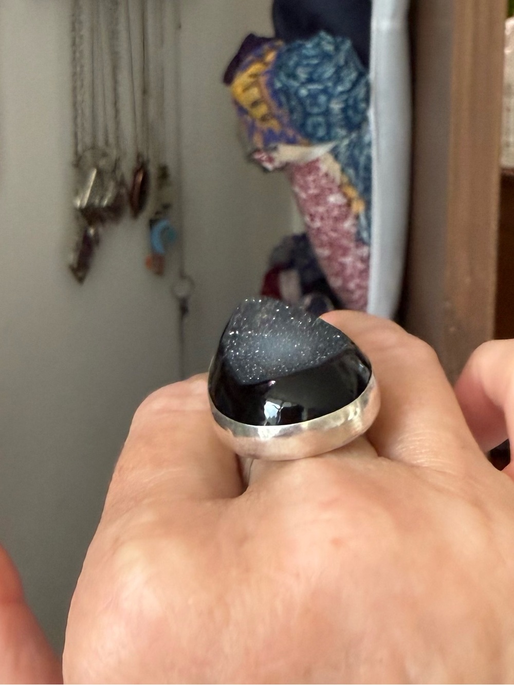Black Druzy Agate and Silver Ring, Size 8 Adjustable - Picture 4 of 7